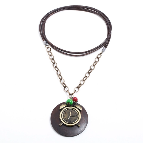 Vintage Steampunk Legierung Wecker Anhänger Lange Halskette Für Damen Braun Holzperlen Wachsschnur Pulloverkette Ethno Schmuck