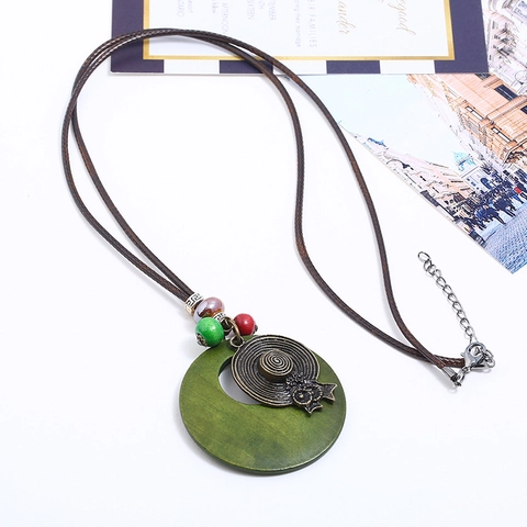 Vintage Boheemse Legering Hoed Hanger Lange Trui Ketting Dames Etnisch Groene Houten Ring Waskoord Mode Sieraden Cadeau