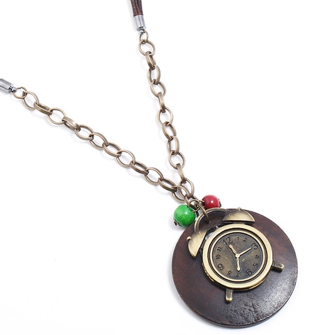 Vintage Steampunk Legierung Wecker Anhänger Lange Halskette Für Damen Braun Holzperlen Wachsschnur Pulloverkette Ethno Schmuck