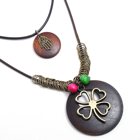 Sautoir Bohème Vintage Double Couche Pour Femmes Alliage Bois Main De Fatima Pendentif Trèfle Bronze Collier Ethnique