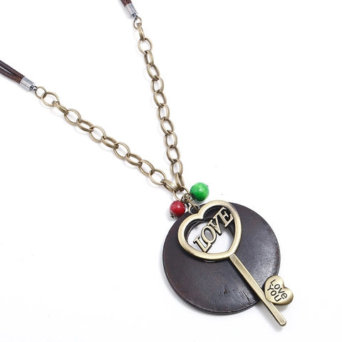 Vintage Ethnisch Herz Schlüssel Anhänger Lange Kette Damen Antik Bronze Legierung Holz Kreis Pulloverkette Boho Schmuck