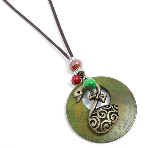Boheemse Vintage Legering Zwaan Groen Houten Ring Hanger Lange Ketting Voor Dames Etnische Waskoord Truiketting Sieraden