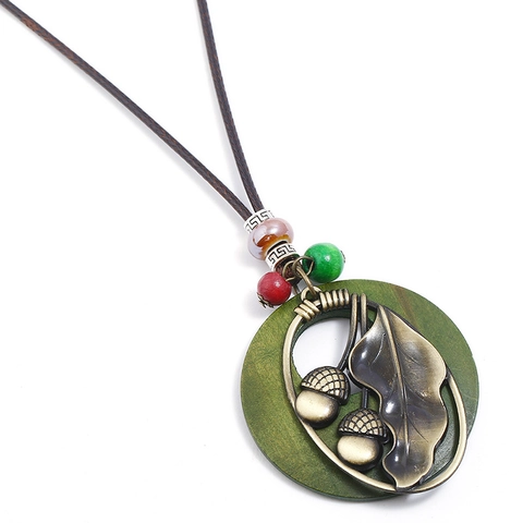 Vintage Forest Style Long Sweater Chain Necklace Alloy Leaf Acorn Pendant With Green Wood Circle Beaded Wax Cord Women Jewelry