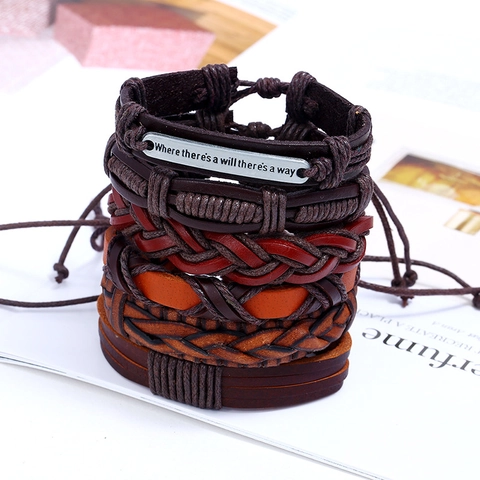 Pulsera de Hombre Vintage Multicapa Trenzada de Cuero de Vaca Con Placa de Metal Lema Estilo Punk Retro Joyería Regalo