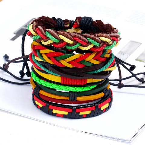 Colección de Pulseras de Cuero Trenzado Multicapa Punk Vintage Para Hombre Mujer Estilo Reggae Rasta Pulseras de Cuerda Coloridas Hechas a Mano Joyería