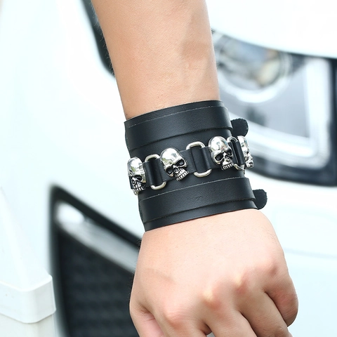 Bracciale Largo in Pelle Punk per Uomo Testa di Teschio in Lega Gothic Rock Bracciale a Polsino in Pelle di Vacca Regolabile Gioielli di Moda