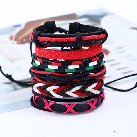 Vintage Braided Cowhide Leather Bracelet Set For Women Men Handmade Adjustable Wax Cord Stackable Bohemian Jewelry Set