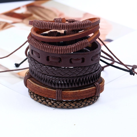 Vintage Men Braided Leather Bracelet Set Multilayer Cowhide PU Leather Wax Cord Wrap Ethnic Punk Wristband Jewelry Gift