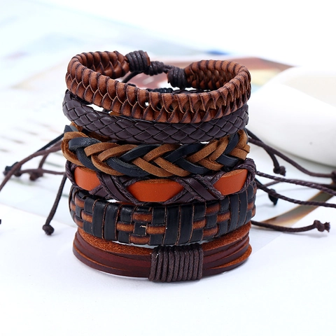 Herren Vintage Gewebtes Leder Armband Handgefertigt Geflochten Mehrlagig Verstellbar Ethno Punk Mode Schmuck Geschenk