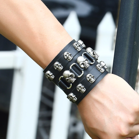Herren Punk Breite Rindsleder Armband Rock Gothik Stil Legierung Totenkopf Deko Verstellbare Schnalle Manschette Mode Schmuck Zubehör
