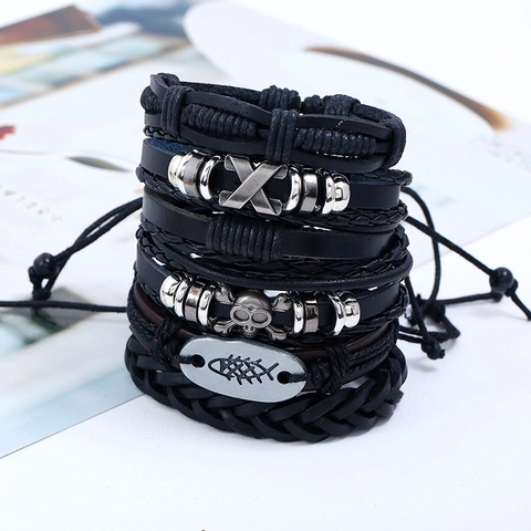 Pulsera de Cuero de Vaca Trenzado Vintage Punk para Hombre Colección Colgante Calavera Espina de Pescado de Aleación Joyería