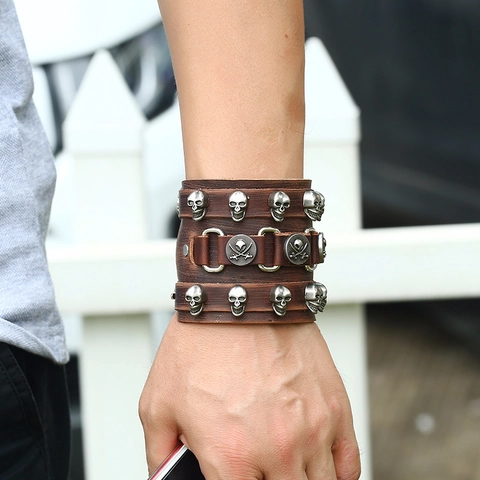 Punk Wide Cowhide Leather Bracelet Men Women Vintage Skull Rivets Alloy Buckle Gothic Rock Cuff Wristband Jewelry