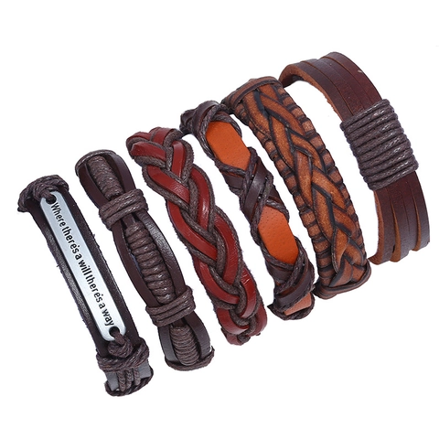 Pulsera de Hombre Vintage Multicapa Trenzada de Cuero de Vaca Con Placa de Metal Lema Estilo Punk Retro Joyería Regalo