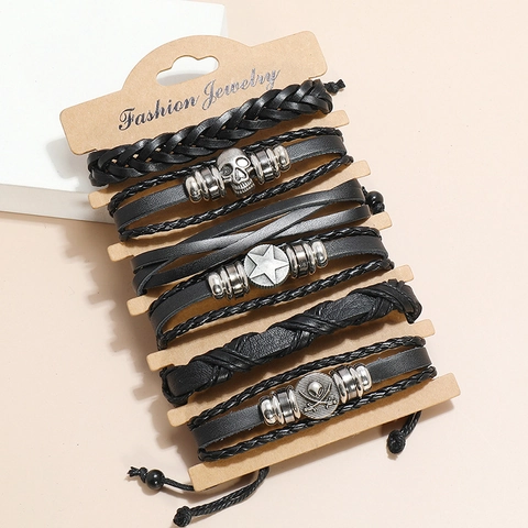 Juego de Pulseras de Cuero Genuino Tejido Retro Punk de Varias Capas con Dije de Aleación de Calavera Estrella Pirata Joyería de Pulsera Trenzada Unisex