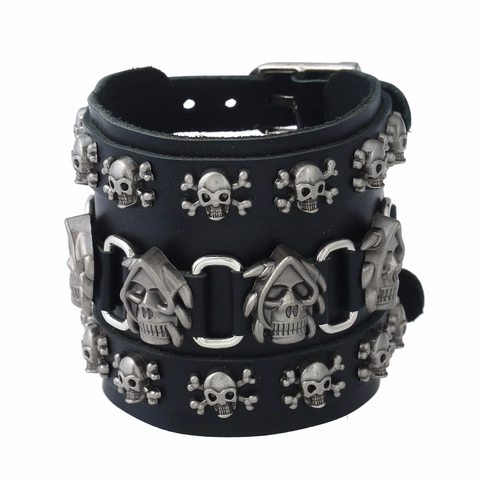Punk Gothic Bracciale in Pelle Larga Teschio Ossa Incrociate Rivetto Polsino Bangle Regolabile Rock Gioielli per Uomo Donna