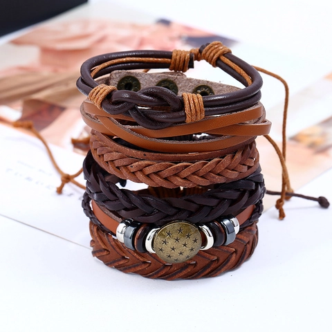 Pulsera de Cuero de Vaca Trenzado Vintage Punk para Hombre Ajustable de Varias Capas Tejida PU Aleación Estrella Encanto Joyería