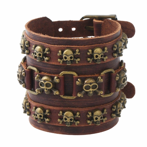 Bracciale Punk Vintage in Pelle di Vacchetta Larga da Uomo Rock in Lega con Borchie a Teschio Cinturino Regolabile Gioielli Goth Biker
