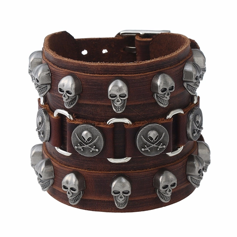 Punk Wide Cowhide Leather Bracelet Men Women Vintage Skull Rivets Alloy Buckle Gothic Rock Cuff Wristband Jewelry