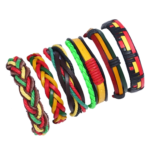 Colección de Pulseras de Cuero Trenzado Multicapa Punk Vintage Para Hombre Mujer Estilo Reggae Rasta Pulseras de Cuerda Coloridas Hechas a Mano Joyería