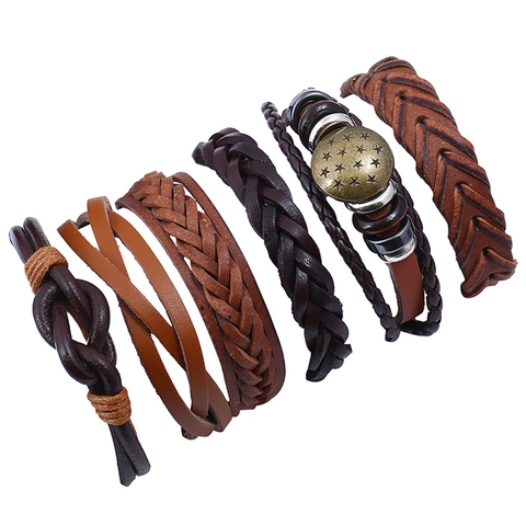 Pulsera de Cuero de Vaca Trenzado Vintage Punk para Hombre Ajustable de Varias Capas Tejida PU Aleación Estrella Encanto Joyería