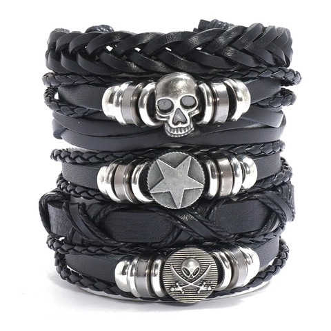 Juego de Pulseras de Cuero Genuino Tejido Retro Punk de Varias Capas con Dije de Aleación de Calavera Estrella Pirata Joyería de Pulsera Trenzada Unisex