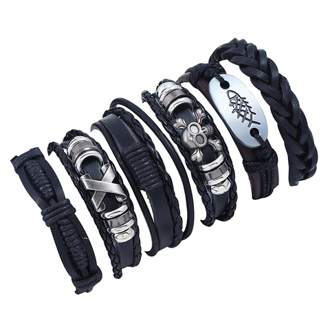 Pulsera de Cuero de Vaca Trenzado Vintage Punk para Hombre Colección Colgante Calavera Espina de Pescado de Aleación Joyería