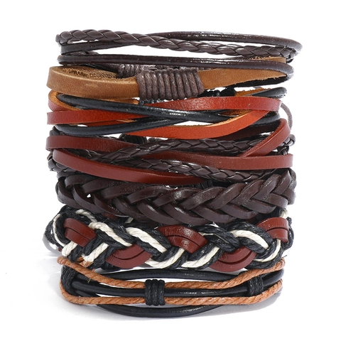 Vintage Braided Cowhide Leather Bracelet Bohemian Punk Multi-Layer Adjustable Wax Cord Jute Rope Bracelet For Men Women