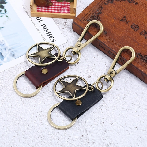 Portachiavi Vintage in Vera Pelle di Vacca Aquila Lega di Zinco Pendente Stella Bronzo Anello Retrò per Uomo Donna Regalo