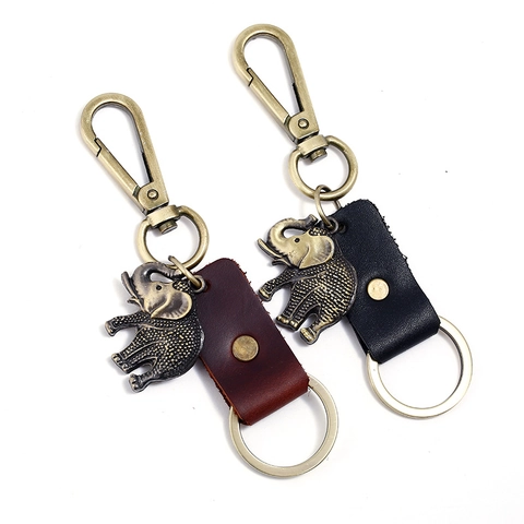 Vintage Zinc Alloy Elephant Keychain Genuine Leather Pendant Retro Bronze Animal Keyring For Car Bag Men Women Jewelry Gift