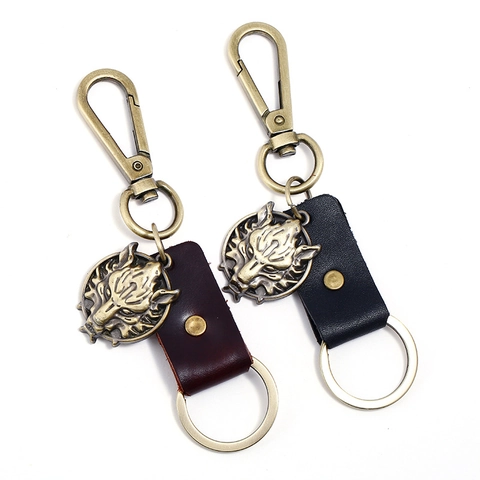 Portachiavi in Vera Pelle con Testa di Lupo in Lega Vintage Ciondolo Animale Bronzo Retrò Anello per Chiavi Auto da Uomo Regalo Personalizzato