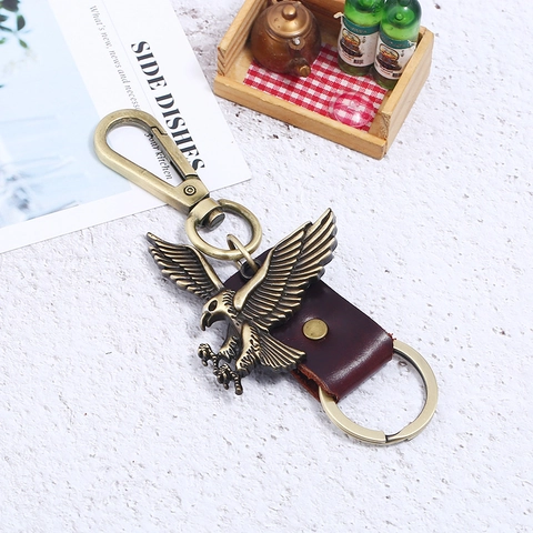 Vintage Eagle Genuine Leather Keychain For Men Women Zinc Alloy Bronze Punk Style Animal Car Key Ring Accessory