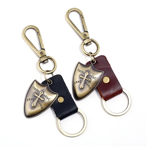 Vintage Cowhide Leather Keychain For Men Women Zinc Alloy Cross Shield Pendant Car Key Ring Retro Style Accessory Gift