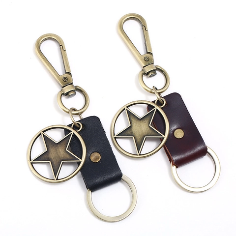 Portachiavi Vintage in Vera Pelle di Vacca Aquila Lega di Zinco Pendente Stella Bronzo Anello Retrò per Uomo Donna Regalo