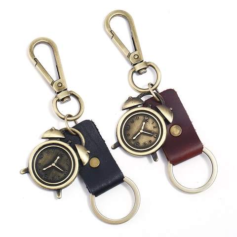 Vintage Zinc Alloy Alarm Clock Keychain With Cowhide Leather Strap Retro Bronze Metal Key Ring For Men Women Car Key Accessory