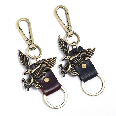 Vintage Eagle Genuine Leather Keychain For Men Women Zinc Alloy Bronze Punk Style Animal Car Key Ring Accessory
