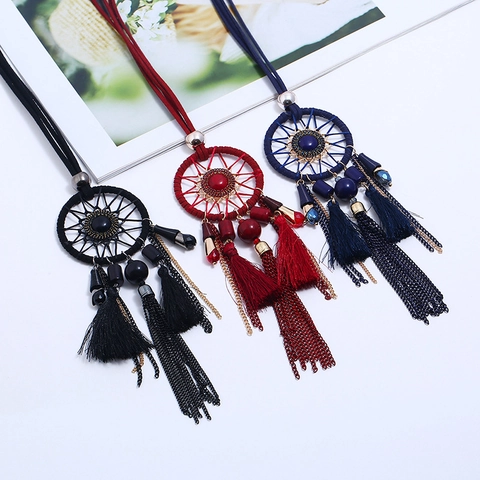 Collana Lunga Bohemién Acchiappasogni per Donna Nappa Catena per Maglione Stile Etnico Gioielli in Lega Cordino Scamosciato