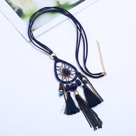 Bohemian Dreamcatcher Long Pendant Necklace For Women Ethnic Tassel Multi Layer Teardrop Bead Alloy Long Sweater Chain Jewelry