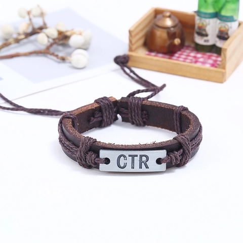 Bracciale da Uomo in Pelle di Vacca Intrecciata Vintage Stile Punk Piastra in Lega CTR Corda di Canapa Regolabile Gioielli