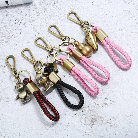 Vintage Punk Geflochtener Lederseil Schlüsselanhänger Zinklegierung Bronze Anhänger Retro Auto Schlüsselanhänger Für Unisex Geschenk