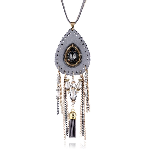 Bohemian Long Tassel Pendant Necklace Suede Alloy Rhinestone Ethnic Sweater Chain For Women Vintage Jewelry Gift