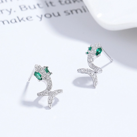 925 Sterling Zilveren Slangen Oorknopjes Voor Dames Glimmende Strass Ingelegde Groene Ogen Dierlijk Ontwerp Mode Sieraden