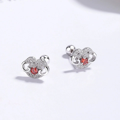 925 Sterling Silver Ruyi Lock Stud Earrings For Women Pave Rhinestone Red Stone Vintage Chinese Style Ping'an Fashion Jewelry