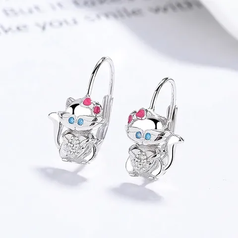 S925 Sterling Silver Cute Cat Heart Stud Earrings Pink Enamel Blue Rhinestone Inlaid Animal Earring For Women Jewelry Gift