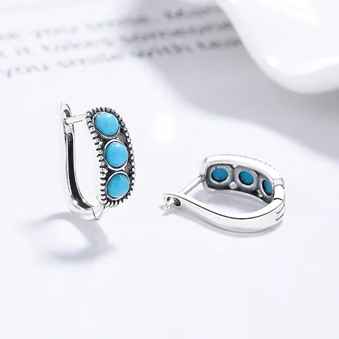 Vintage 925 Sterling Silver Turquoise Hoop Earrings For Women Retro Oxidized Bohemian Three Stone Round Inlaid Jewelry