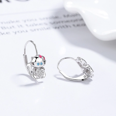 S925 Sterling Silver Cute Cat Heart Stud Earrings Pink Enamel Blue Rhinestone Inlaid Animal Earring For Women Jewelry Gift