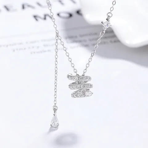 925 Sterling Silver Spiral Snake Pendant Necklace For Women Elegant Pave Rhinestone Teardrop Charm Fashion Jewelry Gift
