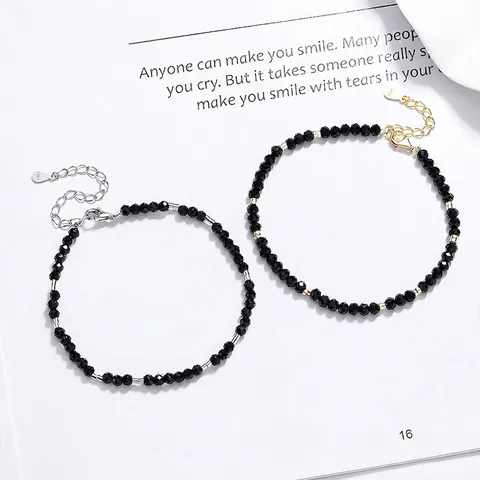 Minimalist 925 Sterling Silver Black Agate Beaded Bracelet For Women White Gold Plated Faceted Stone Chain Jewelry Gift