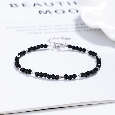 Minimalist 925 Sterling Silver Black Agate Beaded Bracelet For Women White Gold Plated Faceted Stone Chain Jewelry Gift