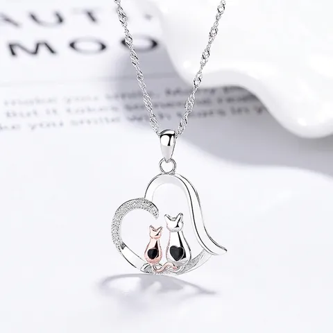 Collar con Colgante de Corazón de Gato de Plata de Ley 925 Bañado en Platino con Diamantes de Imitación para Mujer