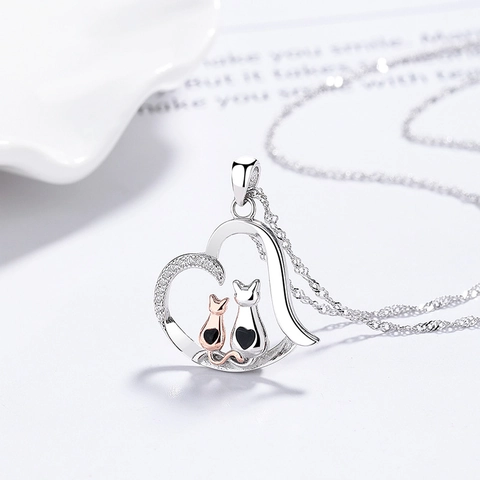 Collar con Colgante de Corazón de Gato de Plata de Ley 925 Bañado en Platino con Diamantes de Imitación para Mujer